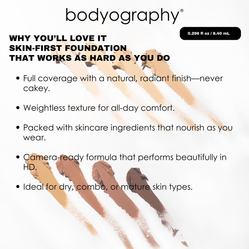 Bodyography Silk Cream Foundation – Light/Medium | Hydrating, Weightless Liquid Cream Foundation with Hyaluronic Acid & African Rooibos Tea | Medium-to-Full Coverage, Luminous Finish