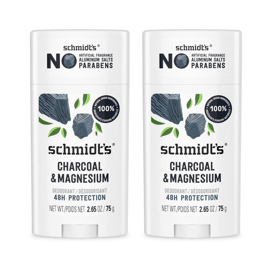 Schmidt's Aluminum-Free Vegan Deodorant Charcoal & Magnesium with 48 Hour Odor Protection, 2 Count for Women and Men, Natural Ingredients, Cruelty-Free, 2.65 oz, Pack of 2