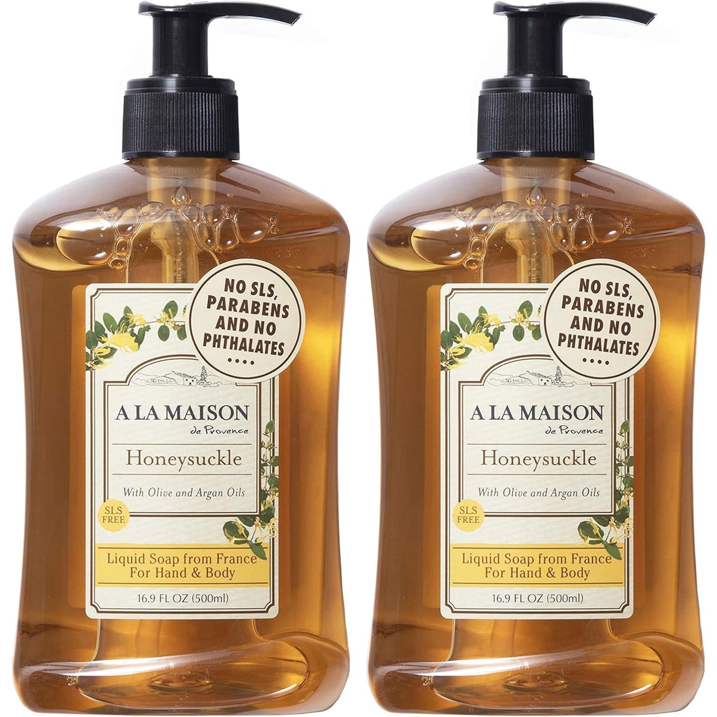 A LA MAISON Honeysuckle French Liquid Hand Soap - Natural Hand Wash Made with Essential Oils - Biodegradable, Plant-Based, Vegan, Cruelty-Free, Alcohol & Paraben Free (16.9 oz, 2 Pack)