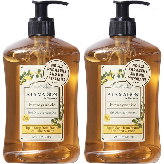 A LA MAISON Honeysuckle French Liquid Hand Soap - Natural Hand Wash Made with Essential Oils - Biodegradable, Plant-Based, Vegan, Cruelty-Free, Alcohol & Paraben Free (16.9 oz, 2 Pack)
