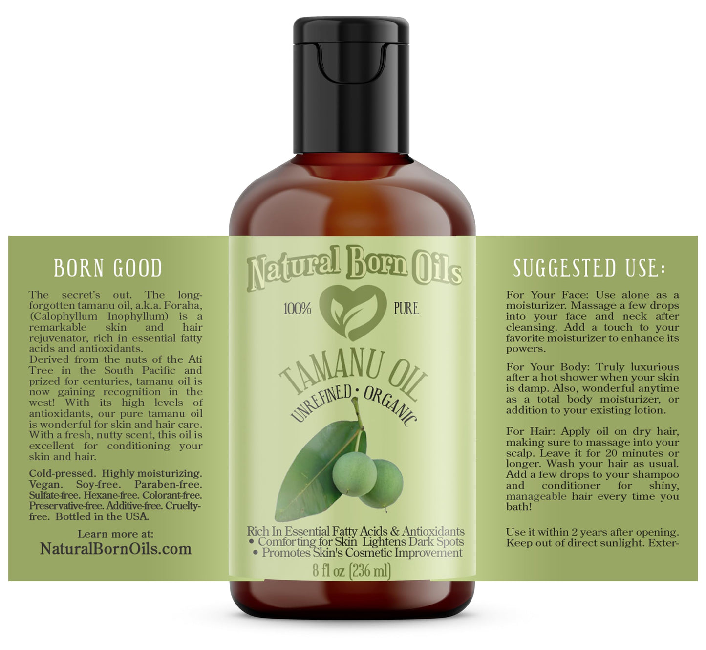 Natural Born Oils Tamanu Oil, 8oz, Organic, Cold-Pressed, Rich in Calophyllolide, Ideal for Moisturizing Skin, Strengthening Hair