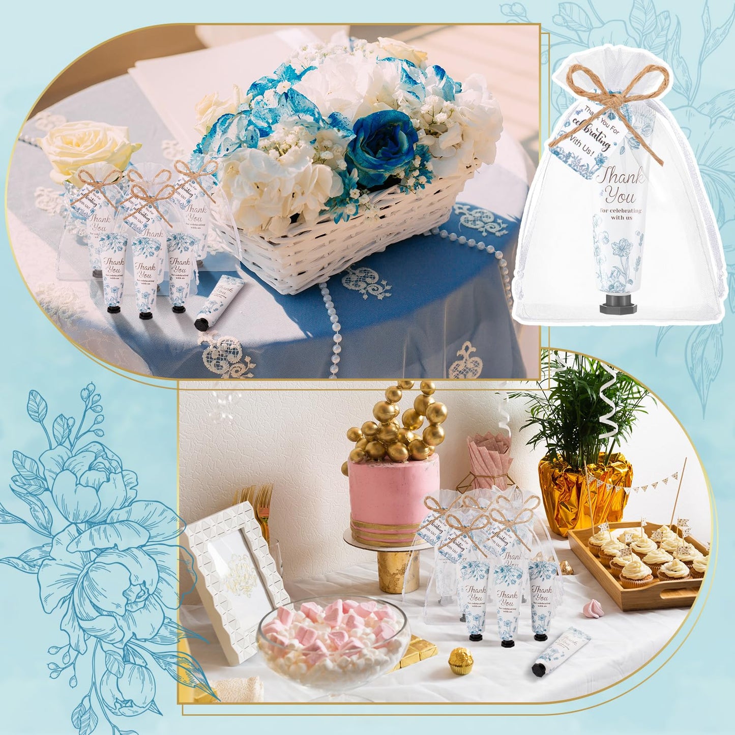 Dansib 48 Sets /144 Pcs Baby Shower Hand Cream Gift Party Favors for Guests Gift Bridal Wedding Thank You Gifts Bulk Mini Travel Size Hand Lotion Set for Guests(Blue Flower)