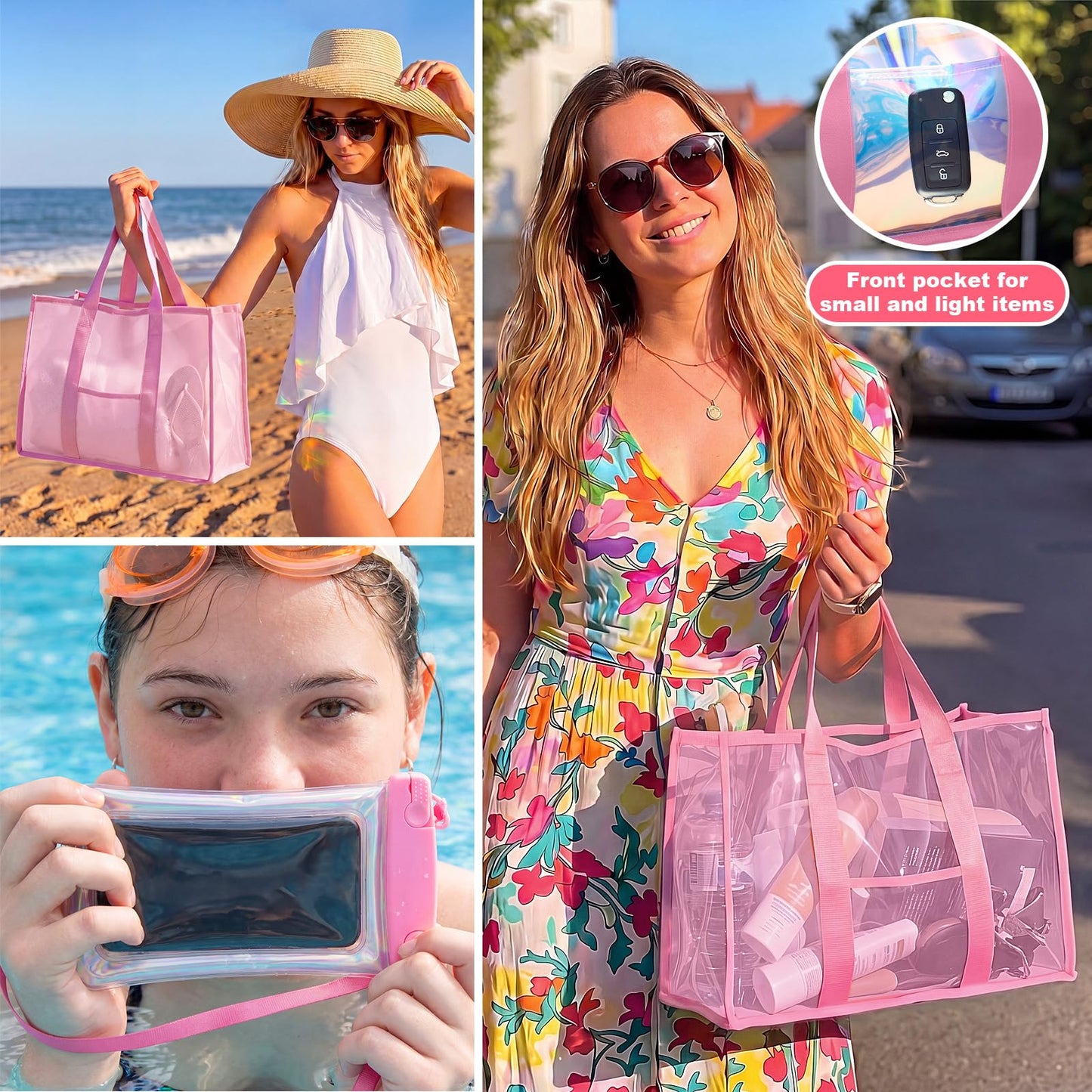 Yoojahow 3 Pcs Waterproof Beach Bags Women Clear Iridescent Tote Bag Cosmetic Pouch for Phone Travel Beach Pool Essentials