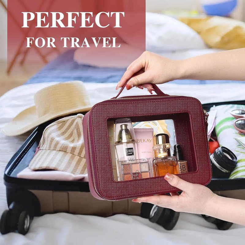 Clear Makeup Bag - Waterproof Travel Case for Cosmetics & Toiletries | Women's Organizer in Pink & Burgundy (L, M, Mini)