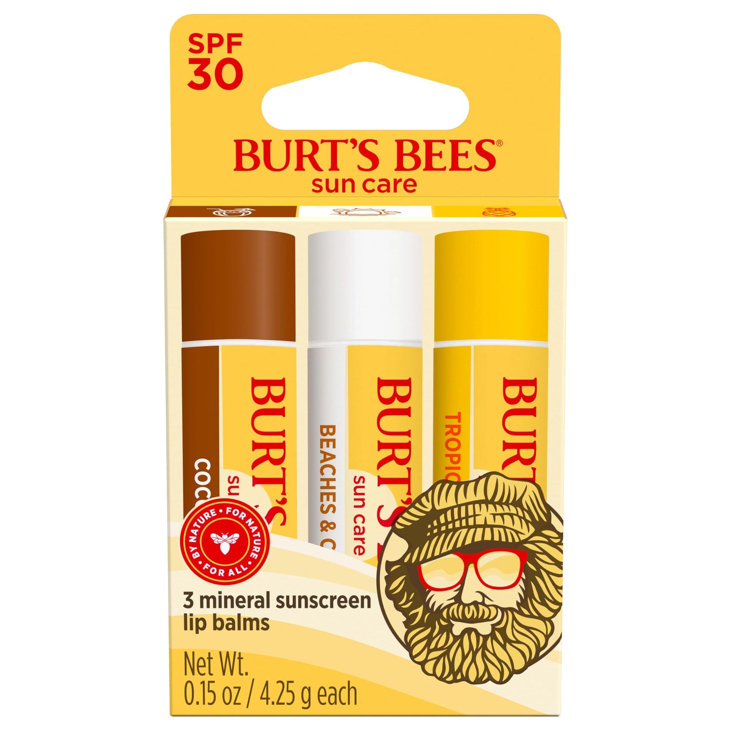 Burts Bees SPF 30 Lip Balm, Island Getaway, Coco Loco, Beaches & Cream, Tropic Like It's Hot, Water-Resistant Sun Care, Natural Origin Lip Treatment, 0.15 oz., Three Tubes