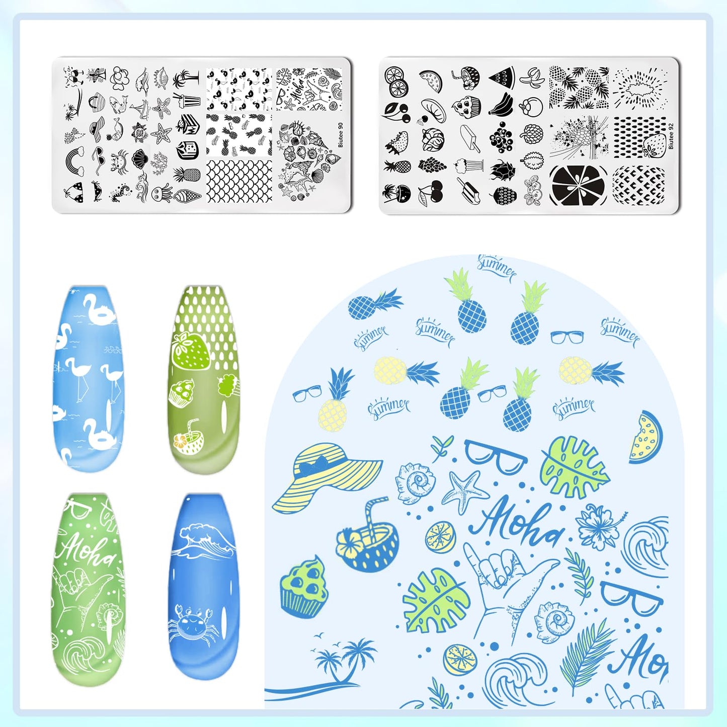 Biutee Nail Stamping Plates Set 10pcs Nail Stamper Kit 8pcs Nail Stamping Polish Gel with Stamper, Nail Art Plates Set for Women Girls DIY Salon & Home
