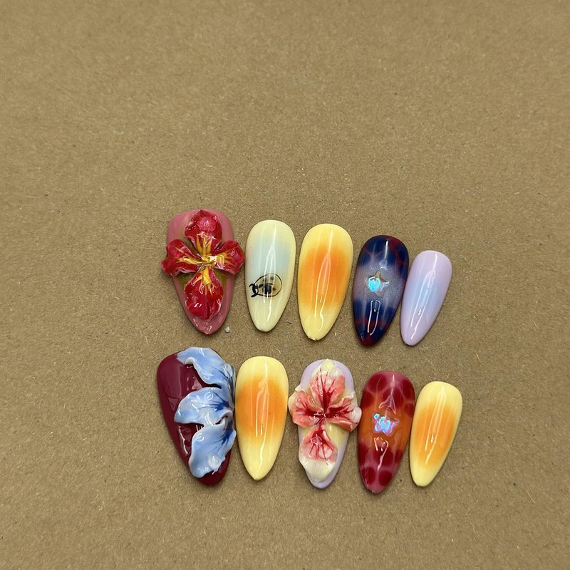 Luxury Press on Nails Medium Almond Handmade 3D Unique Reusable ABS Material Fake Nails Tropical False Nails with Designs Flower Ladybug Stars Art Petal Glossy Glue on Nails Thick Acrylic Nails(S)