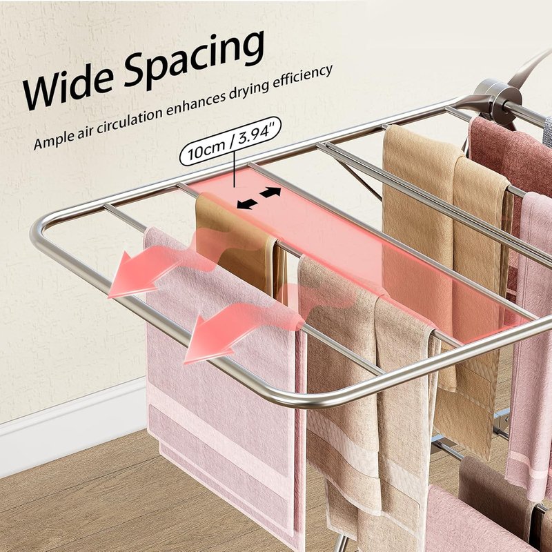 Folding Clothes Drying Rack - Stainless Steel, Height-Adjustable, Space-Saving | Indoor/Outdoor Use, Chrome Finish