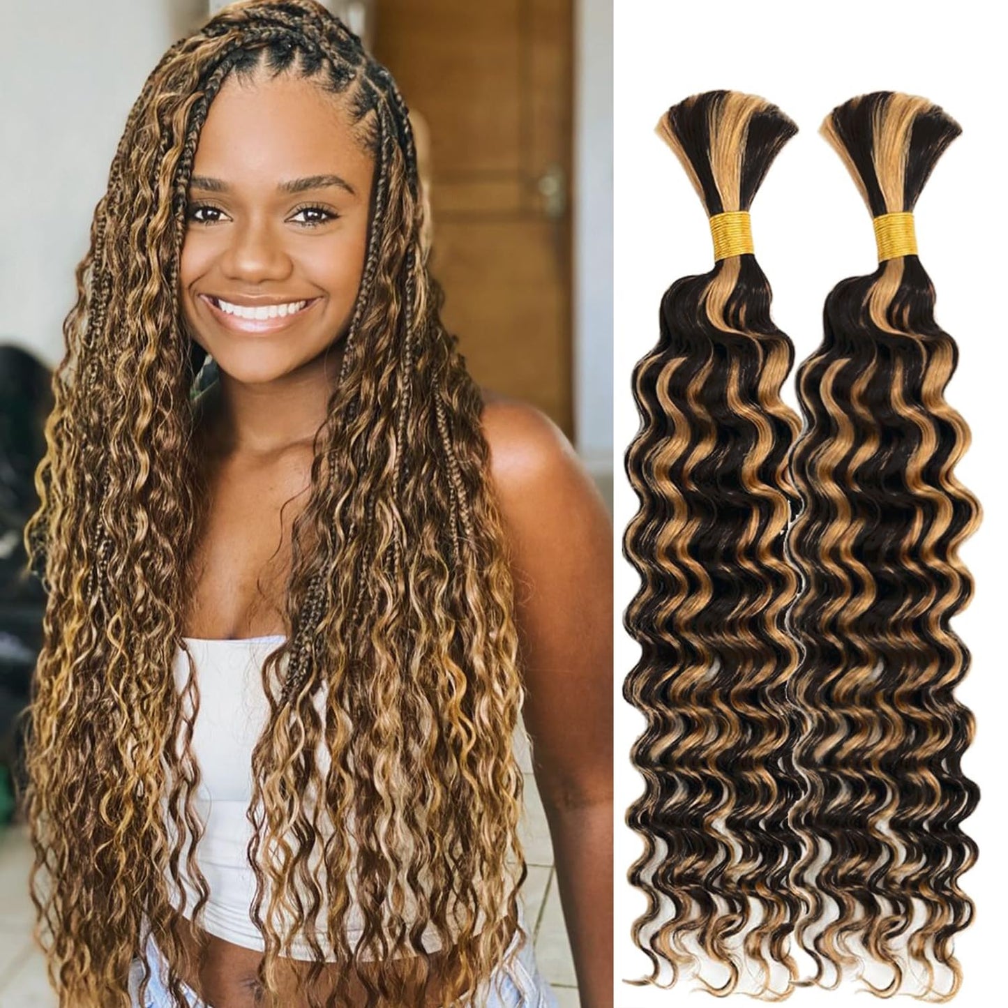 Human Braiding Hair 2 Bundles 100g 16Inch Deep Wave Bulk Human Hair for Braiding No Weft Curly Braiding Hair Bulk Curly Human Hair for Boho Braids 12A Brazilian Virgin Hair Extensions 1B/27