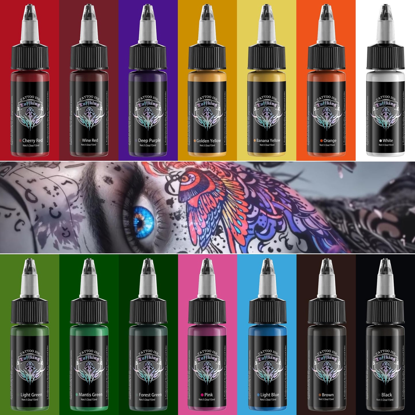 Tuffking Tattoo Ink Set 1/2 oz Pigment Tatoo Ink Professional Tattoo Ink Color Set 14 Colors(14 Colors 15ml)