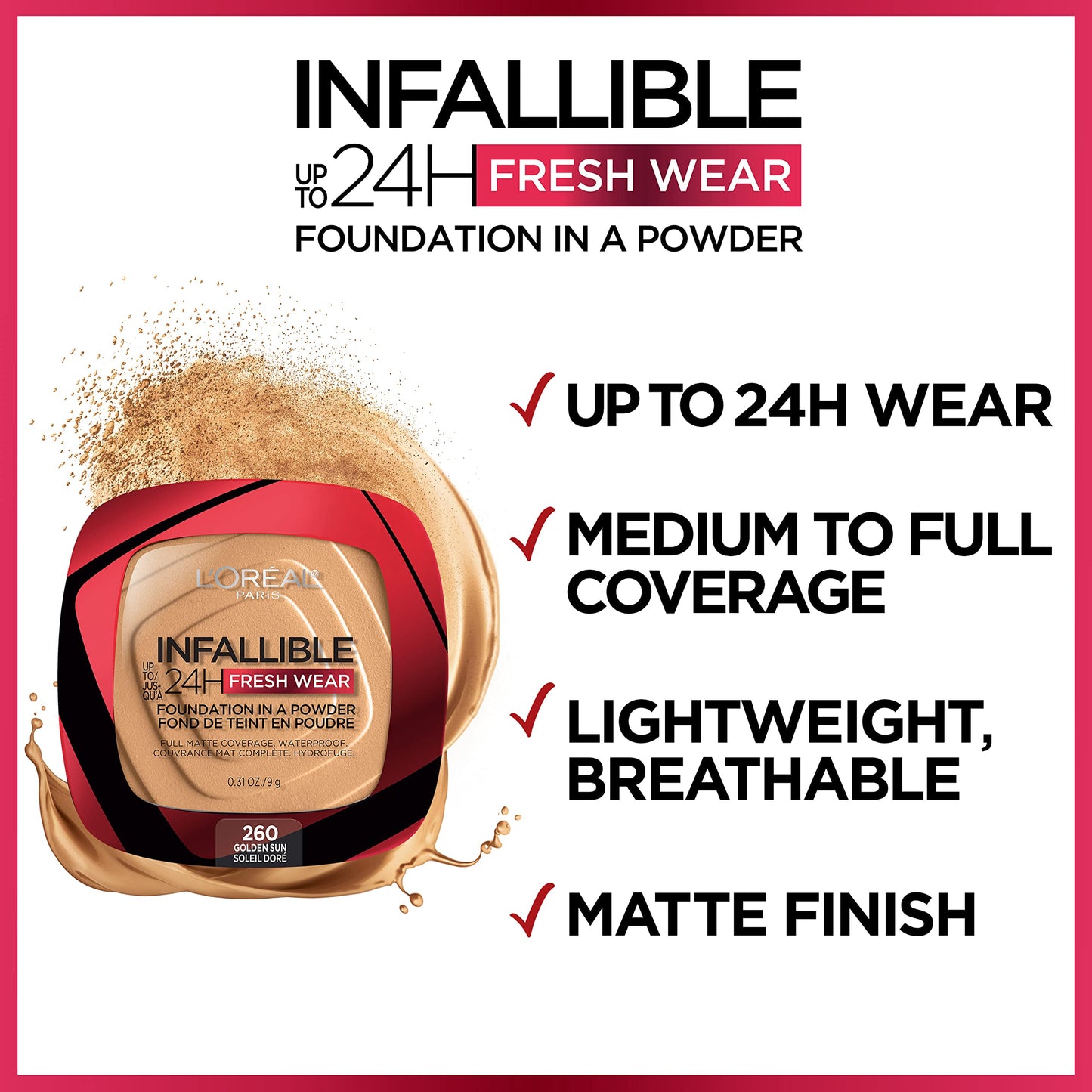 L'Oreal Paris Makeup Infallible Fresh Wear Foundation in a Powder, Up to 24H Wear, Waterproof, Sand, 0.31 oz. (Packaging May Vary)