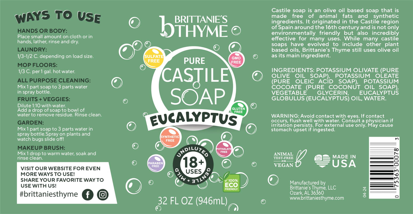 Brittanie's Pure Castile Liquid Soap, Eucalyptus, 32 Ounce 2 Pack | Natural, Organic, Multi-Purpose Soap for Body, Face, Home & Pets | Vegan, Sulfate-Free, Made in USA