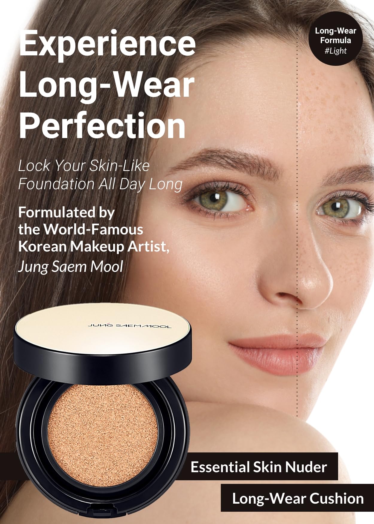 JUNG SAEM MOOL Essential Skin Nuder Longwear Cushion 0.98 Fl Oz, Refill Included, 24H Lasting Cushion Foundation with High Coverage, Semi-Matte Natural Finish, Korean Foundation Makeup (Light)
