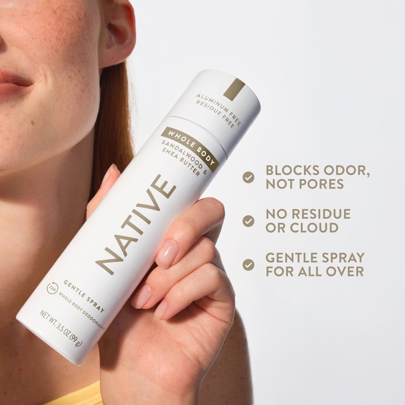 Native Whole Body Deodorant Spray, Sandalwood & Shea Butter Scent, 72 Hour Odor Control for Pits, Privates & More, Aluminum Free, Quick-Drying Deodorant for Men & Women, 3.5 oz