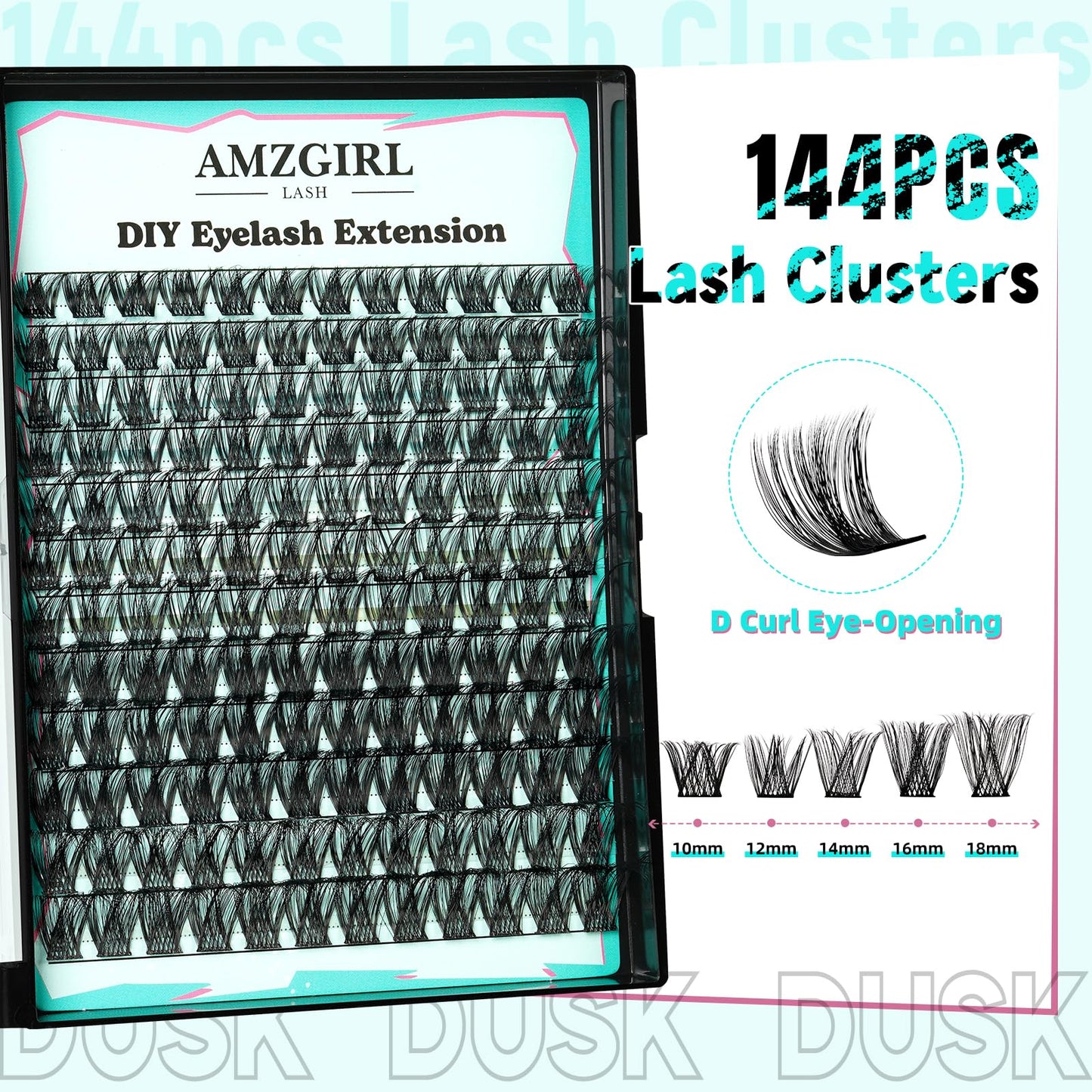 Lash Extension Kit 144pcs Lash Clusters Kit D Curl Eyelash Extension Kit with Lash Bond and Seal Waterproof Lash Glue Remover Lash Tweezers for Lash Clusters Eyelash Clusters Kit (Dusk, D-10-18mm Kit)