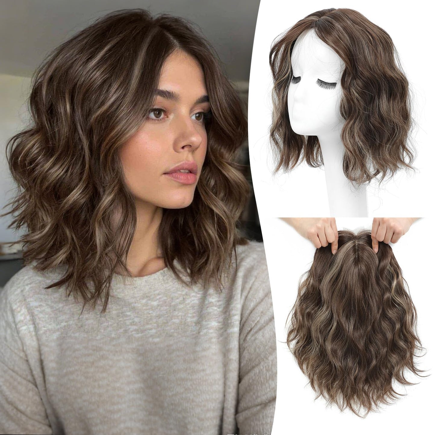 Ms Taj 11 Inch Short Wavy Hair Topper for Women with Thinning Hair, Synthetic Lightweight Breathable Hairpiece with 6.5"x6.5" Base, Instantly Adds Volume and Coverage（Dark Ash Brown with Highlights）
