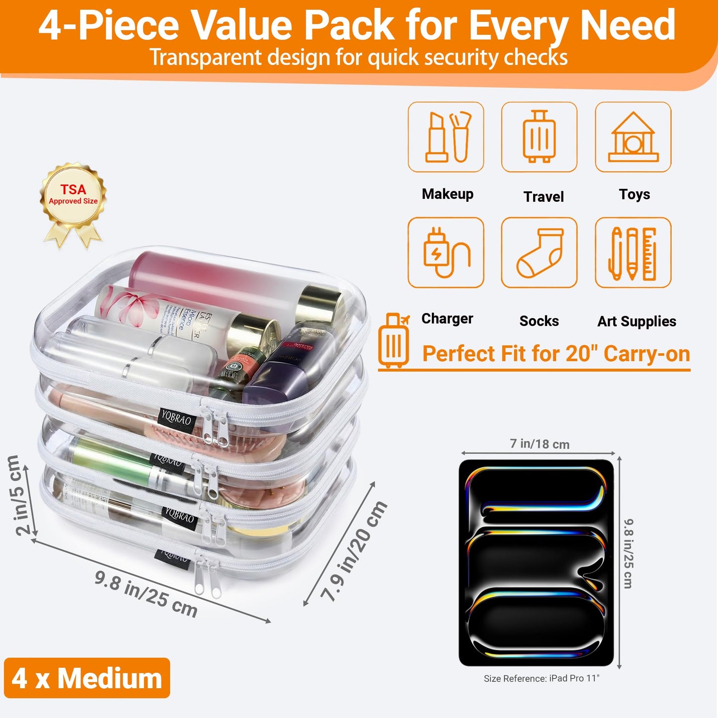 YQBRAO 4-Pack Clear Diaper Bag Organizer Pouches, 1.2mm Ultra-Thick PET Travel Pouches for Toiletries & Makeup, Rigid Self-Standing Bags with YKK Zippers, TSA Approved