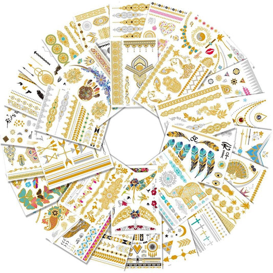 Aresvns Gold tattoo metallic 32 Sheets,Over 340+ Flash temporary tattoos for women teens girls kids,Waterproof flash henna tattoos,Glitter jewelry tattoos Christmas Gift