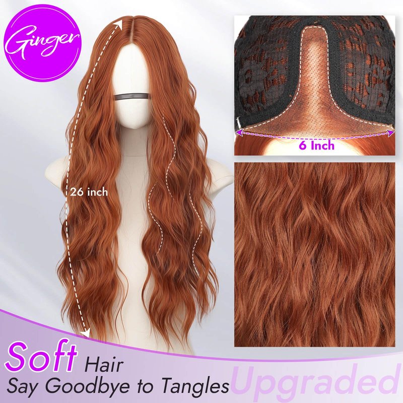 Eawwii Ginger Long Wavy Wig for Women, Pre-Cut HD Lace Natural Hairline, Glueless Middle Part, Synthetic Fiber for Daily and Party Use 26Inch