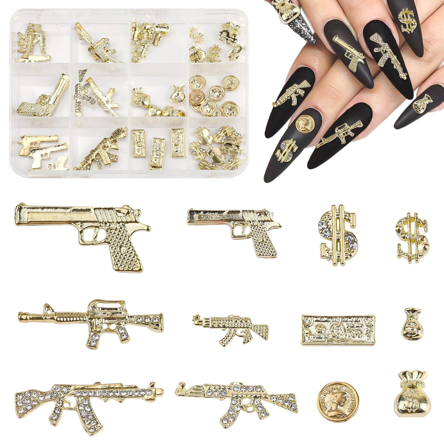 62pcs 3D Nail Charms, Gold Alloy Gun & Dollar Money Fingernail Gems Jewelry Decoration Accessories Supplies for Women Girls Manicure Design DIY Art Crafts