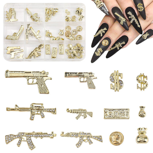62pcs 3D Nail Charms, Gold Alloy Gun & Dollar Money Fingernail Gems Jewelry Decoration Accessories Supplies for Women Girls Manicure Design DIY Art Crafts