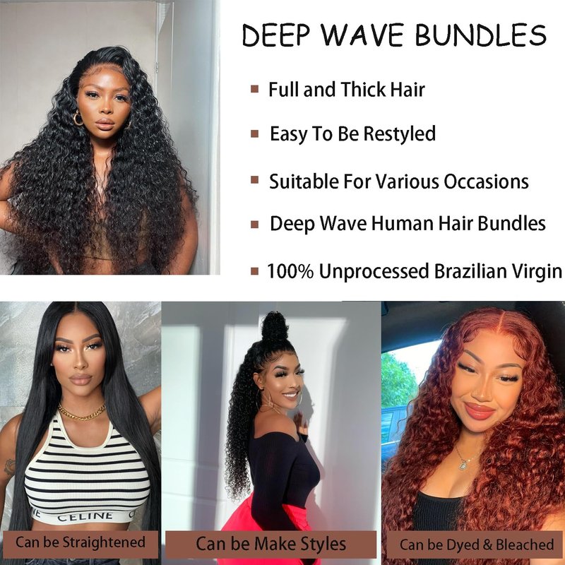 Fdola 18 Inch Deep Wave Curly Bundles, 100% Unprocessed Brazilian Virgin Human Hair, Natural Black Color, Sew-In Installation, 18 Inch Length