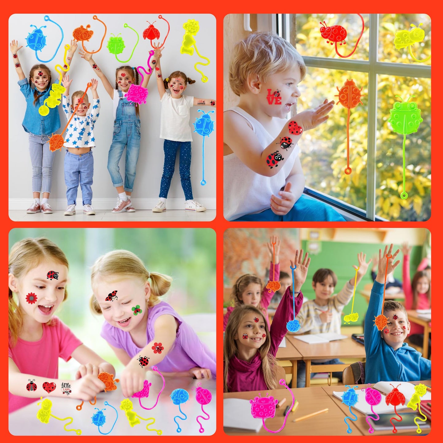 48PCS Ladybug Party Favors - 24PCS Temporary Tattoos & 24PCS Stick Hands Party - Perfect Birthday Party Supplies, Goodie Bag Stuffers, Treasure Box Toys, Classroom Prizes, and Student Gifts