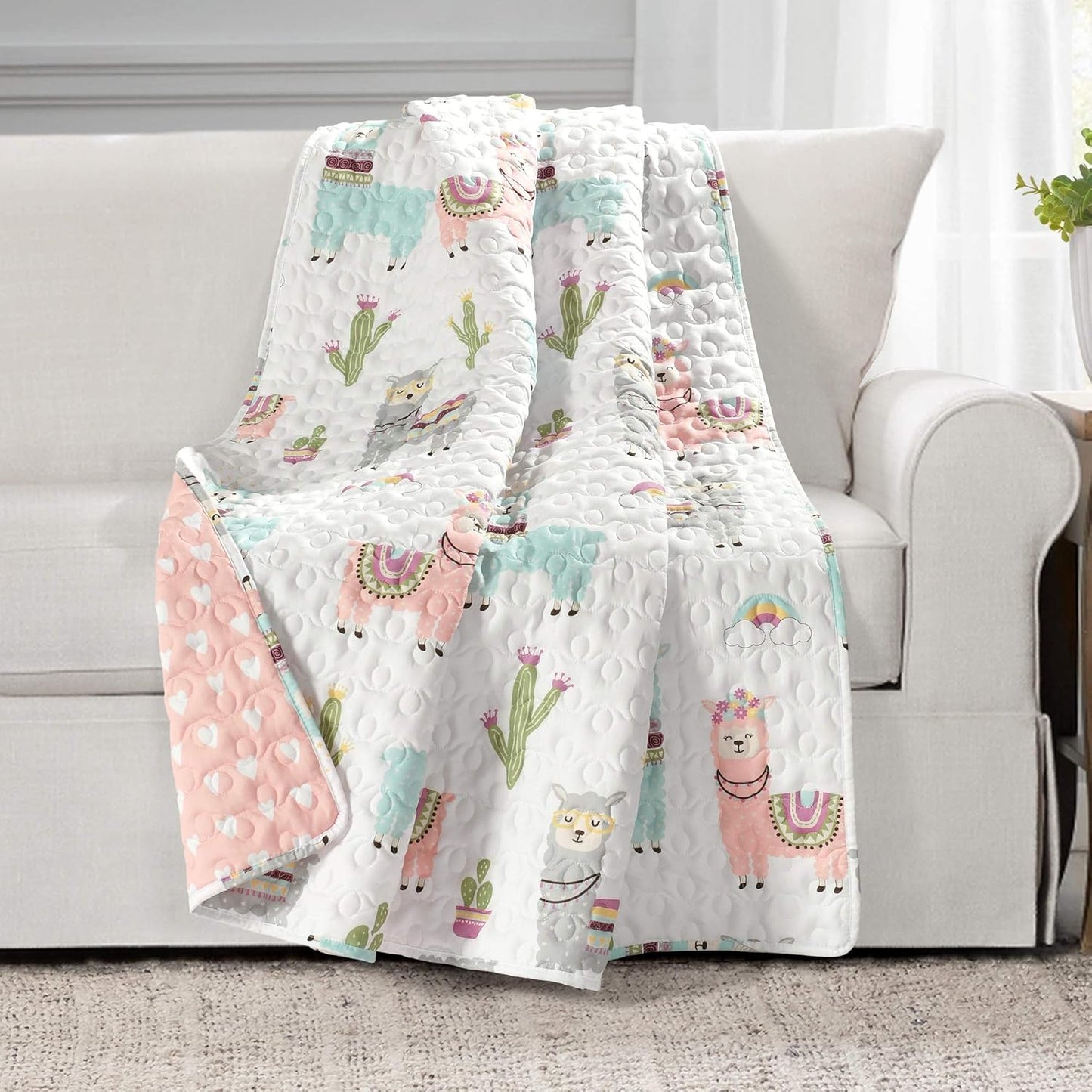 Lush Decor Southwest Llama Cactus Throw Blanket - Cute Reversible Boho Design | 50" W x 60" L, White & Blush