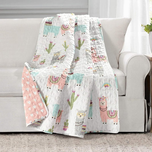 Lush Decor Southwest Llama Cactus Throw Blanket - Cute Reversible Boho Design | 50" W x 60" L, White & Blush