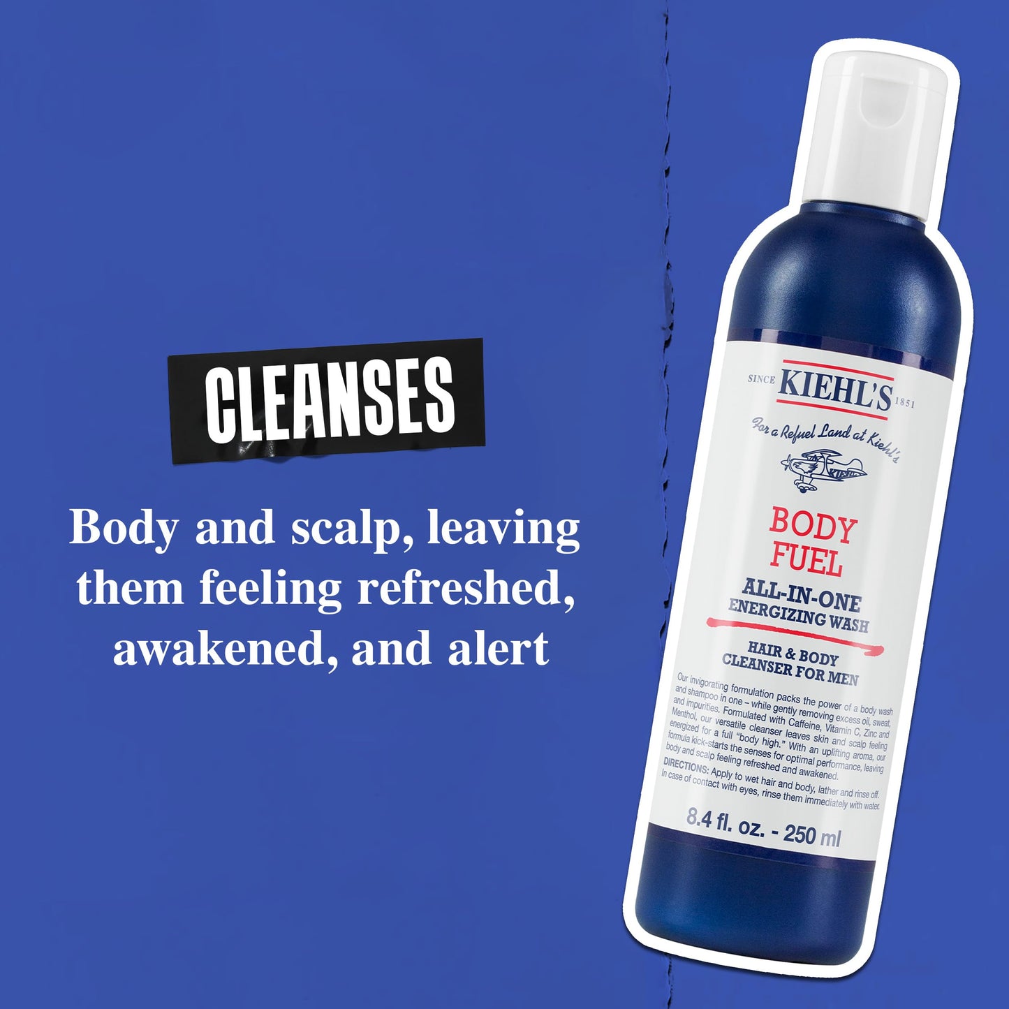 Kiehl's Men's Body Fuel Wash, All-In-One Hair and Body Cleanser with Menthol, Caffeine, Vitamin E, Vitamin C, and Zinc, Removes Oil, Sweat, and Impurities, Fresh Scent, For Men's Skin and Hair