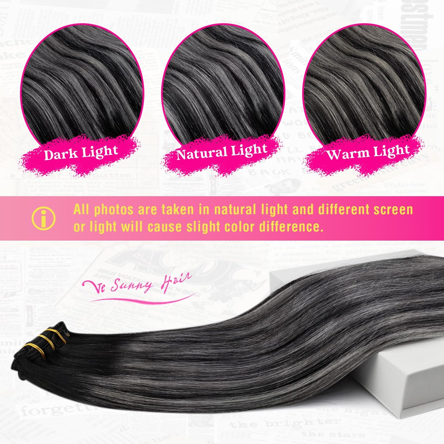 Ve Sunny Clip in Human Hair Extensions Black Grey Clip in Hair Extensions Human Hair Off Black to Silver Grey Balayage Clip on Hair Extensions Short Hair 70g 5pcs 12inch, 2.4692 Ounce