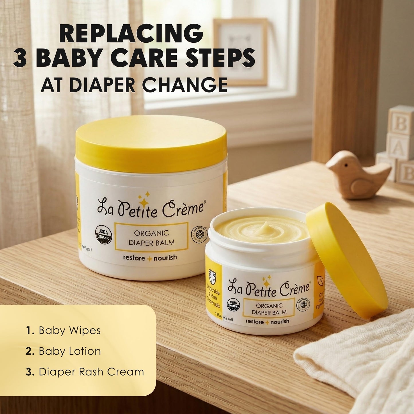 La Petite Creme French Organic Diaper Balm (1 oz) - Healing & Nourishing Diaper Cream - Gentle & Safe Liniment Baby Lotion - USDA Certified Organic - Baby Essentials for Newborn