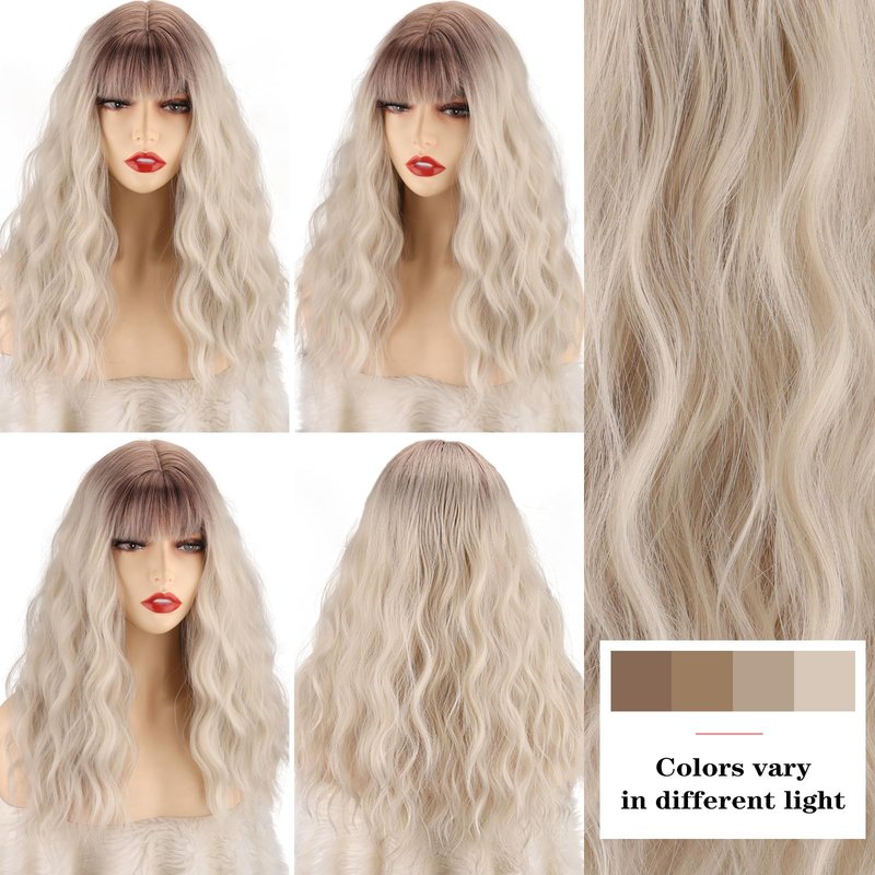 Xinran Long Blonde Wavy Wigs with Bangs Medium Length Wavy Ombre Platinum Blonde Wig for Women 18 Inch Synthetic Heat Resistant Fiber Dark Roots Blond Wig for Daily Party Halloween Use