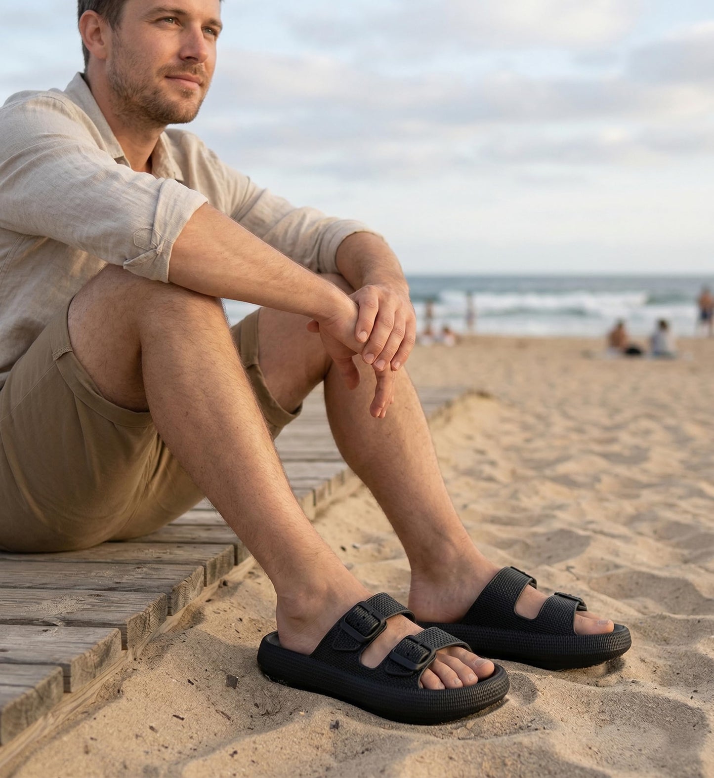 BenSorts Pillow Slippers for Women and Men Cute Rubber Sandal Adjustable Buckles Soft Slides Shower Spa Bath House Slippers Indoor Outdoor Black Men Size 8.5 9 9.5 Women Size 9.5 10 10.5