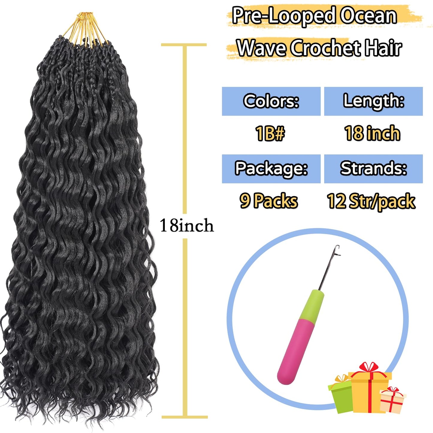 Ocean Wave Crochet Hair Pre Looped Curly Crochet Hair for Black Women Short Deep Wave Pre Looped Synthetic Crochect Hair 18 Inch 9 Packs (1B)