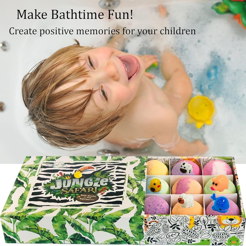 Bath Bombs for Kids - 12 Jungle Animal Surprise Fizzies | Moisturizing & Gentle Rainbow Spa Experience