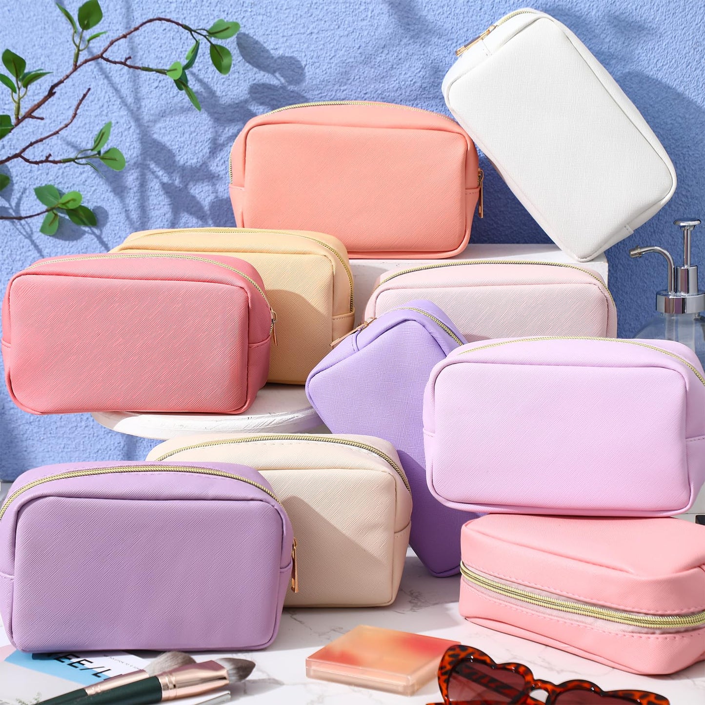 Sweetude 10 Pcs Makeup Bag Bulk for Women Preppy Gift PU Leather Cosmetic Bag Small Skincare Toiletry Pouch Wedding Travel Cosmetic Pouch for Bridesmaid Bride Mother Gift Favors (Pink and Purple)