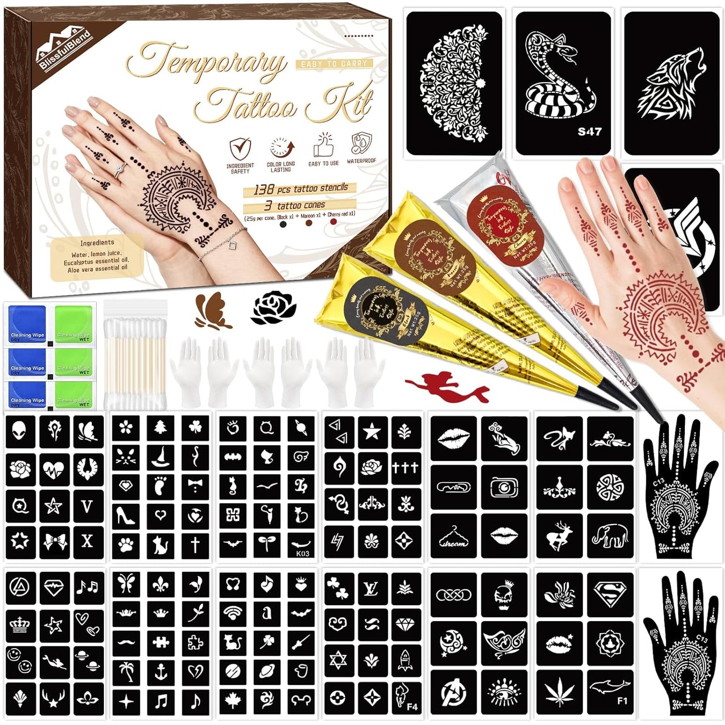 Temporary Tattoo Kit - 146 Pcs for Teens & Adults | 3 Tattoo Pastes, 136 Reusable Stencils for DIY Body Art