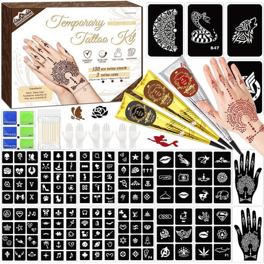Temporary Tattoo Kit - 146 Pcs for Teens & Adults | 3 Tattoo Pastes, 136 Reusable Stencils for DIY Body Art