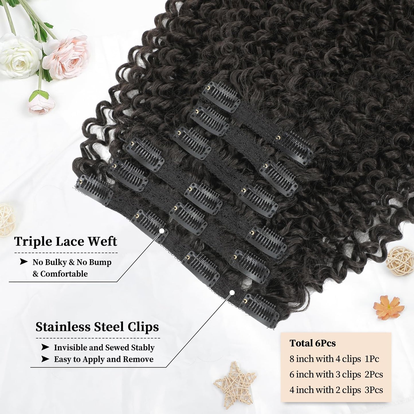 Curly Clip in Hair Extensions, Urbeauty Pink Mango 6 PCS 100% Pure Protein Silk Kinky Curly Hair Extensions Clip Ins for Black Women Hair Soft Natural Durable Light Long Lifespan
