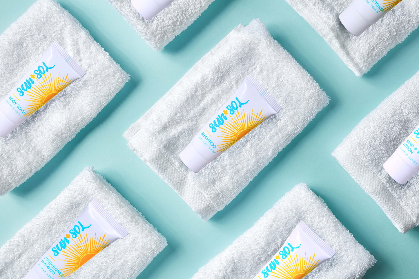 World Amenities Sun + Sol Bulk Refreshing Soap Bar with Warm Coconut & Vanilla Fragrances, Sachet Wrapped Travel Size Toiletries, Mini Hotel Amenities, 1 Oz, 100 Count