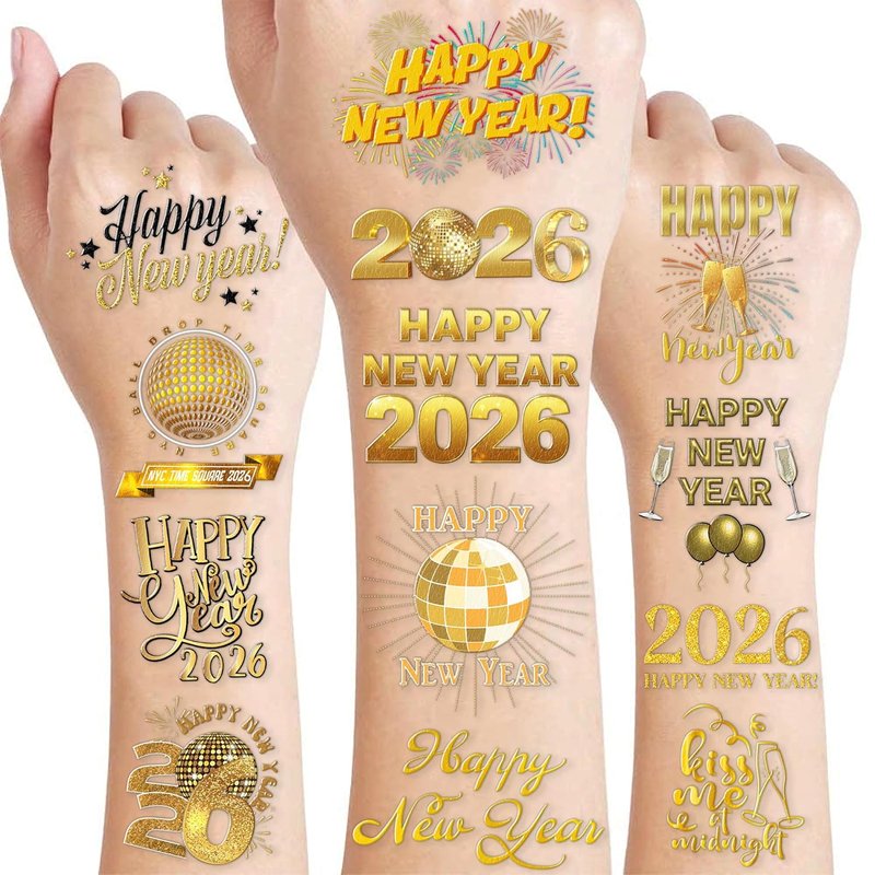 New Year 2026 Temporary Tattoos - 96PCS Gold Party Favors, Countdown Celebration Supplies | Holiday Accessories for Kids & Adults