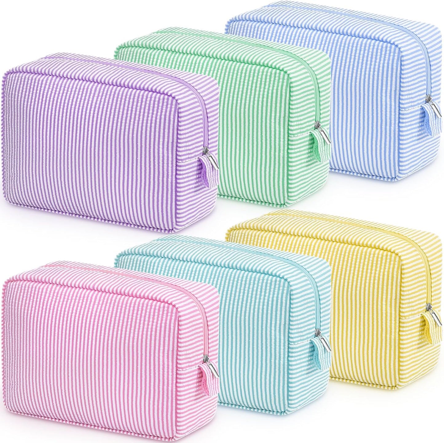 Seersucker Cosmetic Bag - Cute Striped Makeup Organizer for Women | Large Macaron Color Travel Pouch