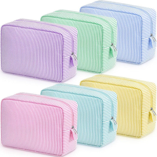 Seersucker Cosmetic Bag - Cute Striped Makeup Organizer for Women | Large Macaron Color Travel Pouch