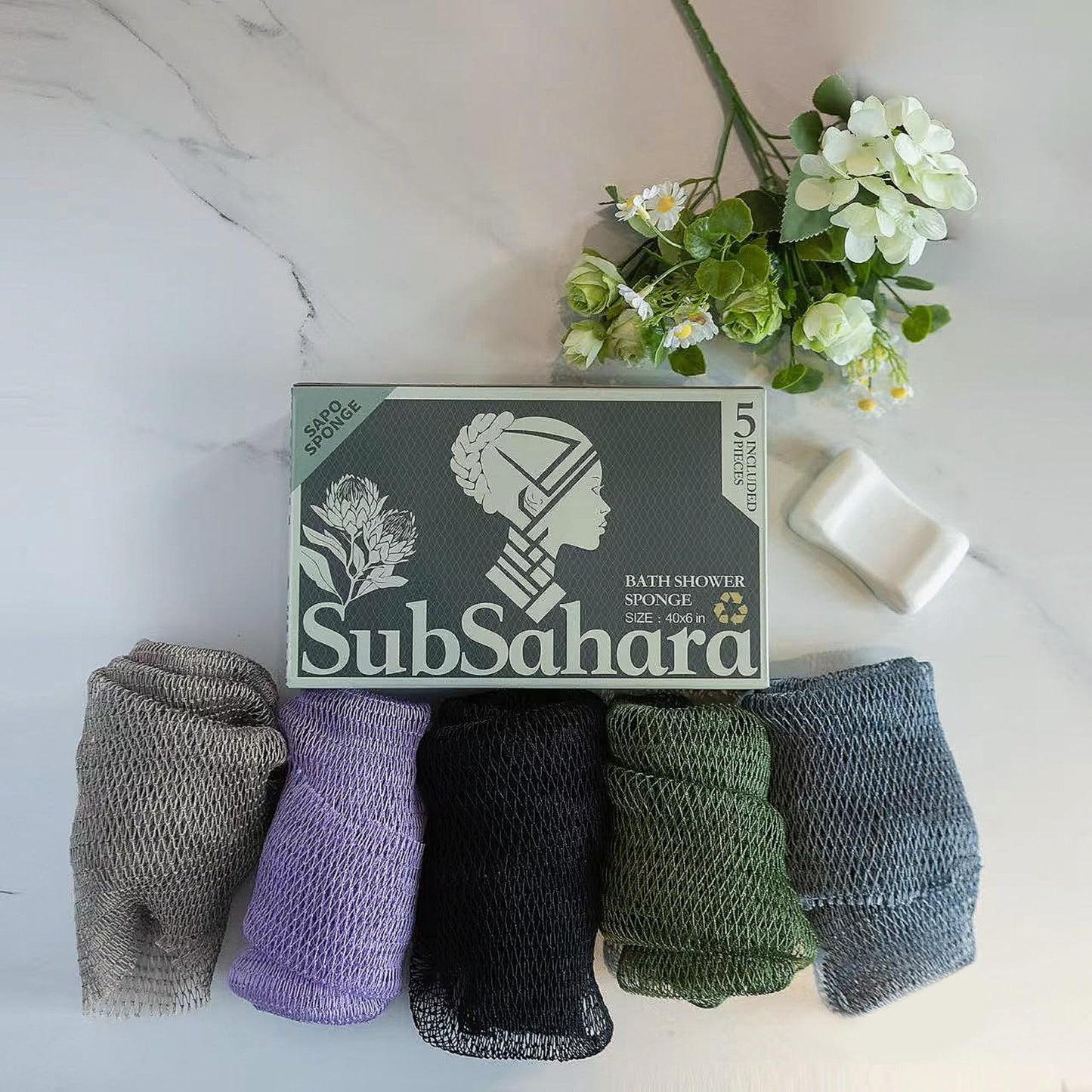 SubSahara Authentic African Net Sponge - 5 Pack Exfoliating Bath & Shower Loofah Sponge for Body & Face, Gentle Scrubber for All Skin Types, Travel, Durable