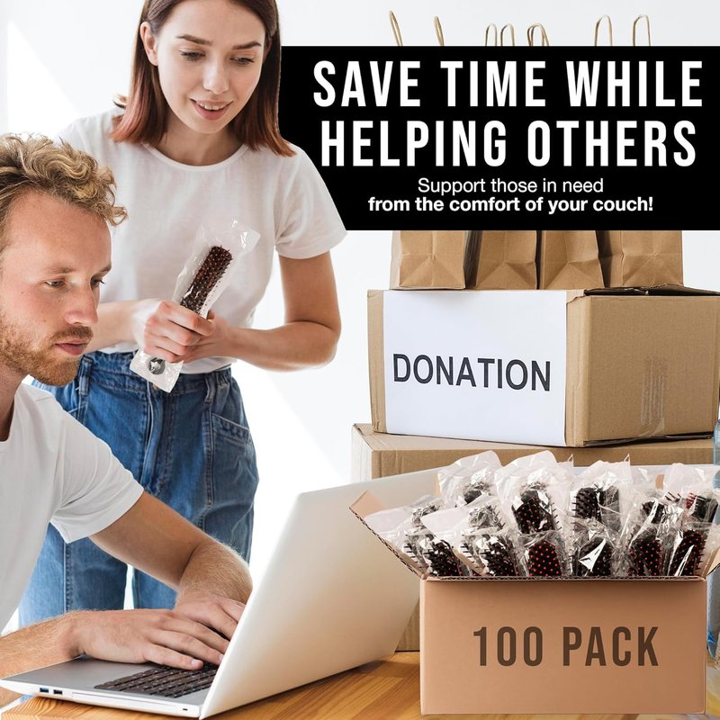 Bulk Hair Brushes - 100 Individually Wrapped Black Hairbrushes | Perfect for Homeless Shelters, Hygiene & Confidence