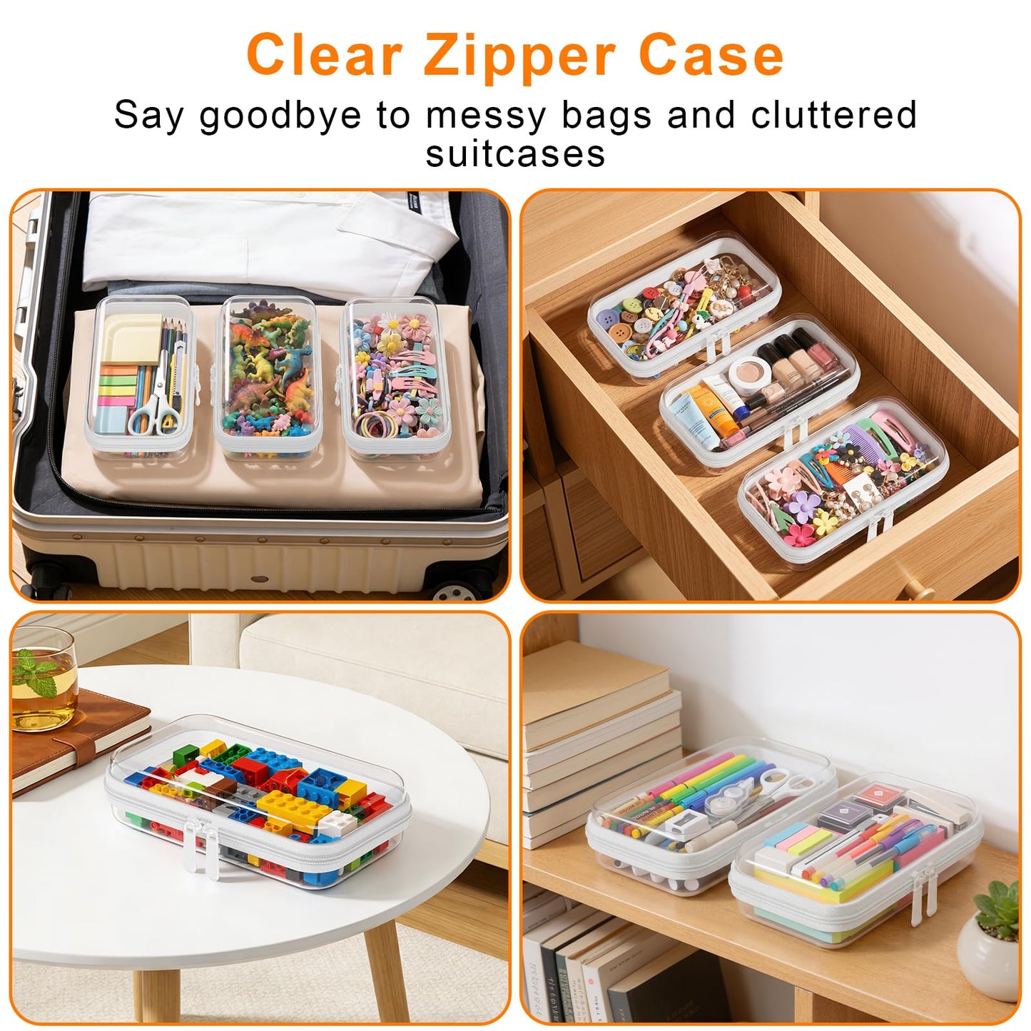 3PCS Clear Hard Shell Zipper Case,Toy Organizers and Storage Box,Clear Toiletry Cosmetic Case,Travel Makeup Bags, Diaper Bag Organizer,Pencil Case,Stackable Portable Transparent Zipper Pouches Black-L