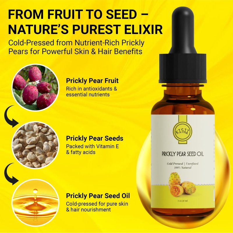 Kisii Prickly Pear Seed Oil – 100% Pure and Natural Cold Pressed Oil for Face, Hair and Skin – Anti-Aging Moisturizer – 1 oz Glass Bottle