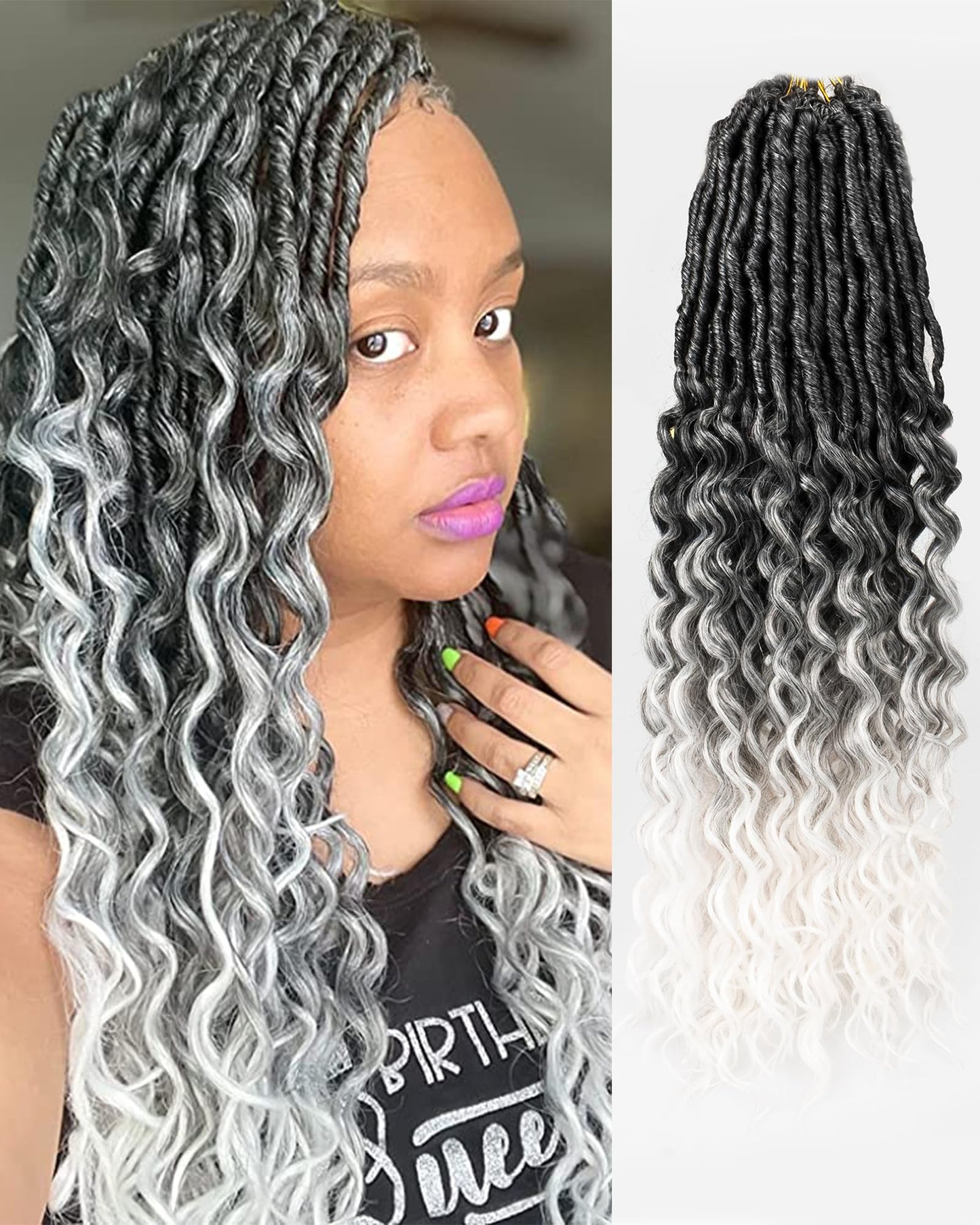 Faux Locs Crochet Hair for Black Women- 24 Inches 8 Packs Pre Looped Ombre Grey to White Synthetic Hair Extensions, Soft Goddess Locs Braids with Long Deep Wave Curly Ends(112 Strands,Tgrey/613)