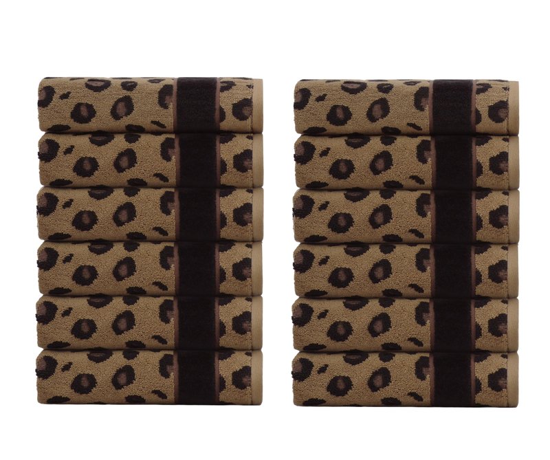 COTTON CRAFT Wash Cloth - Set of 12 Animal Print Safari Decorative Washcloth - 100% Cotton Jacquard Bathroom Face Towel Set - Super Soft Quick Dry Absorbent Luxury Guest Towel - Easy Care - 12 x 12